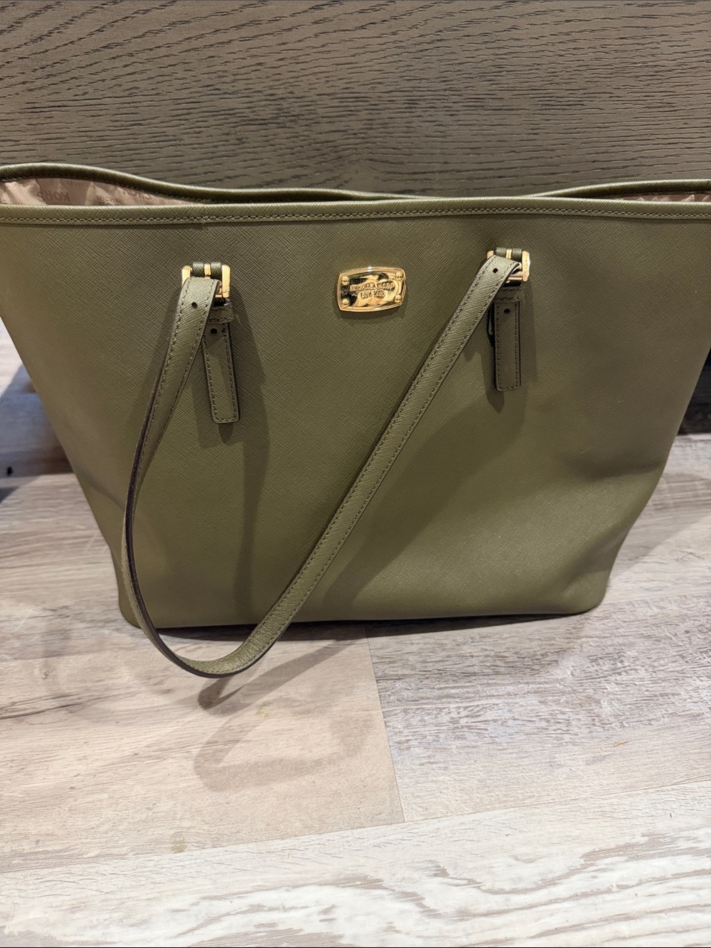 Michael Kors Olive Green Saffiano Tote with Gold Logo Plaque